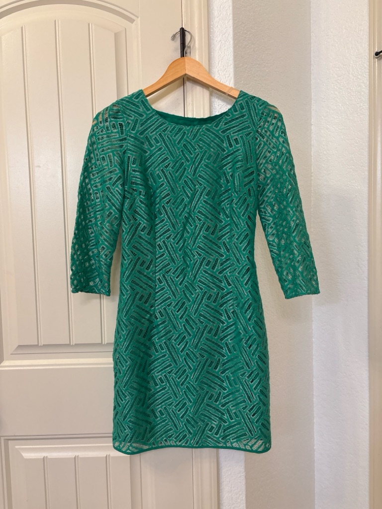 Lilly Pulitzer Camilla Dress Size 2 Fern Green Lace Shift 3/4 Sleeve Zip Back